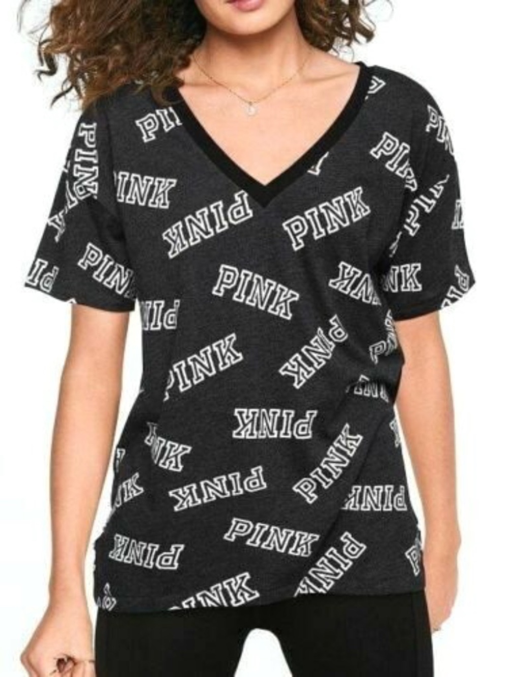 VICTORA’S SECRET PINK ALL-OVER “PINK” LOGO V-NECK T-SHIRT